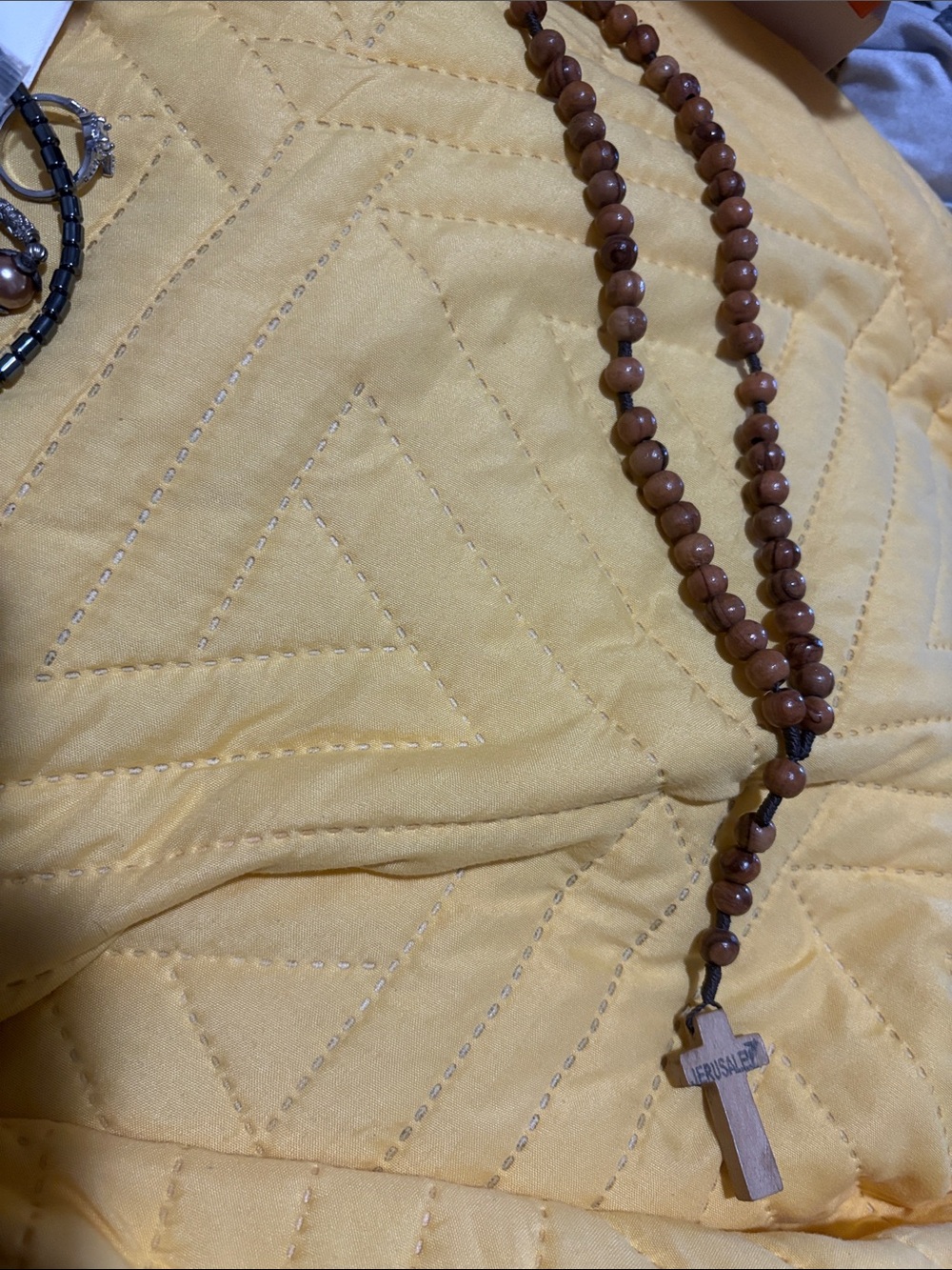 Wooden Bead Rosary Necklace with Cross - Brown